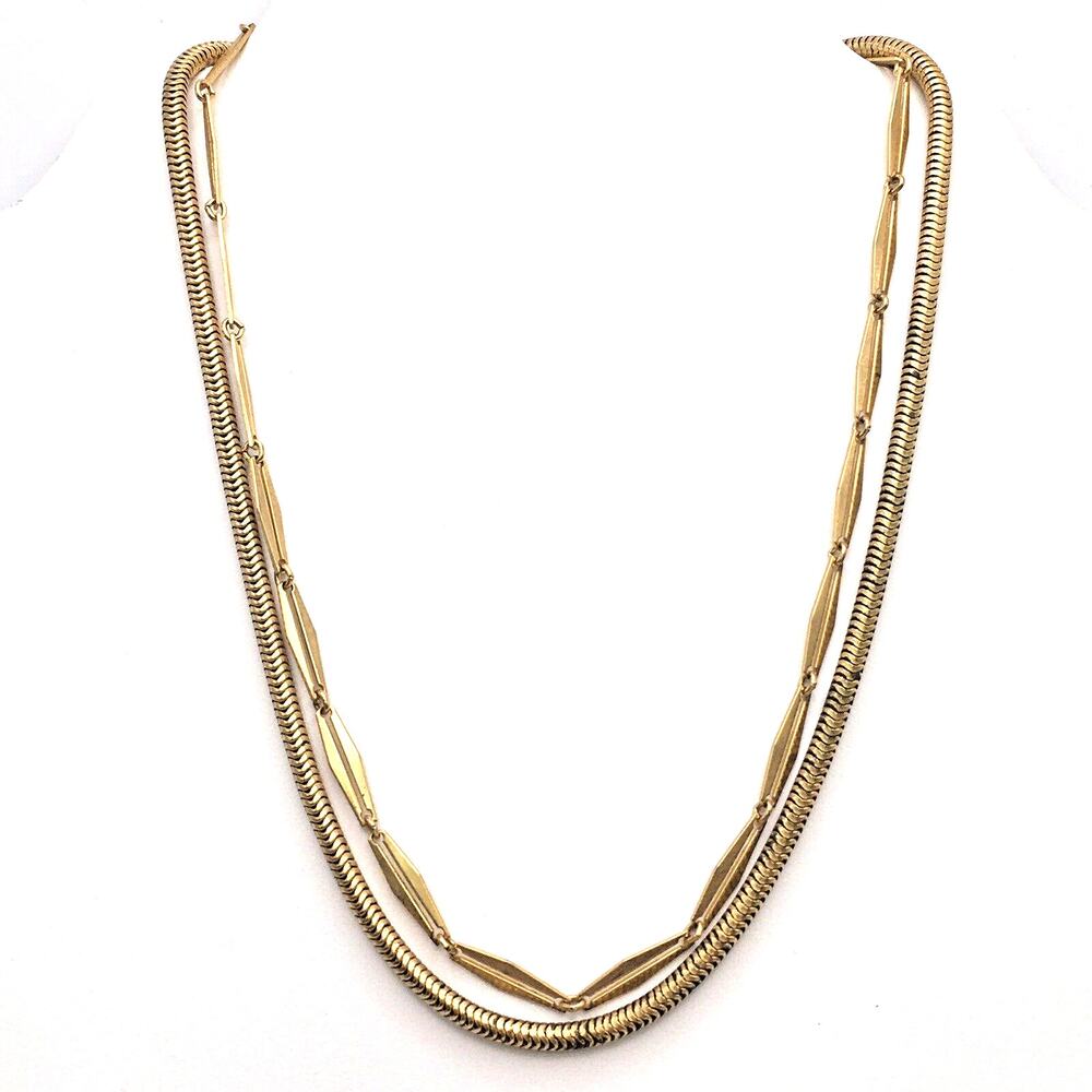 Vintage Gold Tone Layered Serpentine Chain and Bar Link Necklace Fold Over Clasp